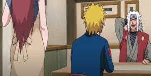 Kushina and Minato in a conversation with Jiraiya