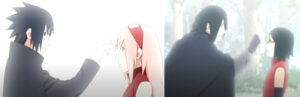 Sasuke poking Sakura and Sarada's forehead