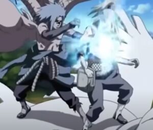 Sasuke using Chidori on Deidara