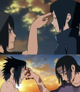 Itachi pokes Sasuke's head while asking for forgiveness