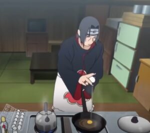 Itachi struggles to cook an omelet